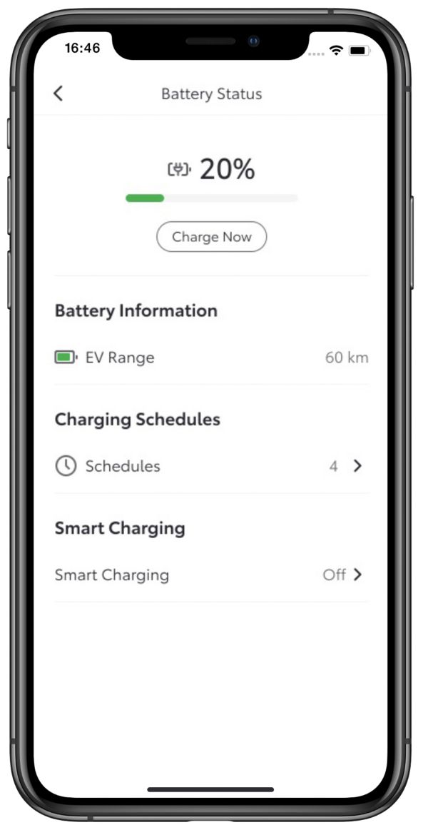 Phone screen showing battery status within the MyToyota app