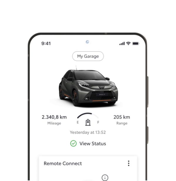 A smartphone shows the My Garage page of the TOYOTA MyT app. A QR code and links to download are positioned beside the phone.